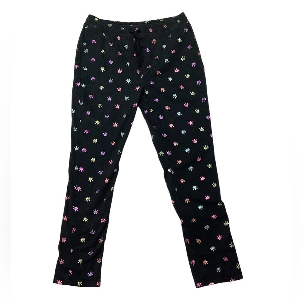 Drill Pants Sz Large Pot Leaves Black Iridescent